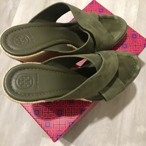 Tory Burch Green Suede Espadrilles Wedges